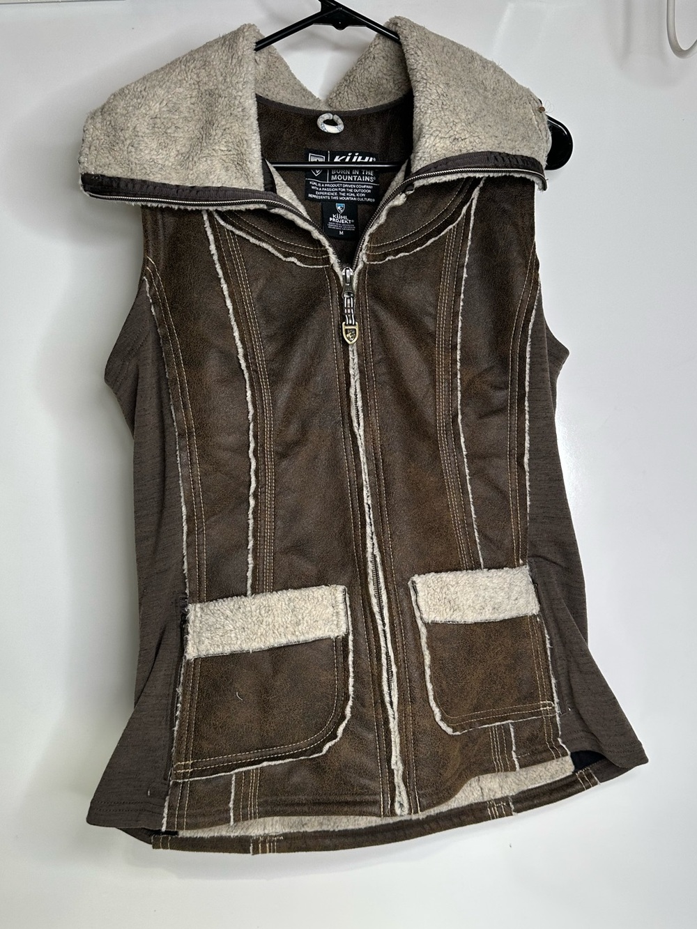 Kuhl Projekt Dani Sherpa Womens Sz M Faux Leather Vest Suede Wool Lining Outdoor